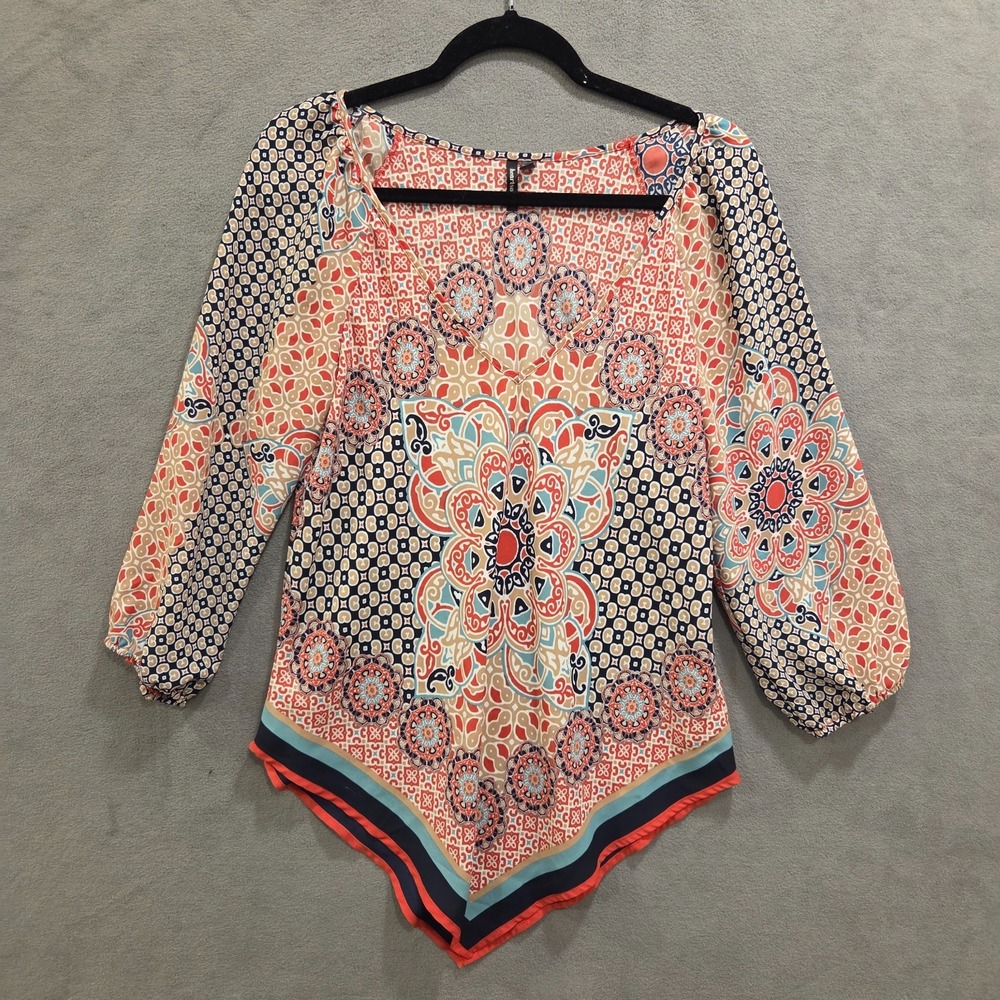 HeartSoul Tunic Top Shirt‎ Women Size Large Bandana Triangle Hem Boho Casual